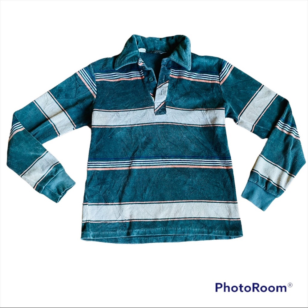 Vintage 70s velour polo longsleeve in retro stripe